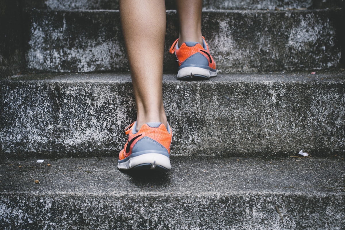 A person walking up steps